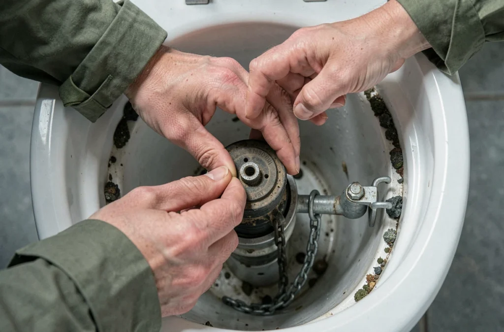 Mains de femme remplaçant le joint clapet en caoutchouc à l'intérieur d'un réservoir de chasse d'eau