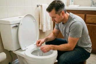 Homme inspectant l'intérieur d'un réservoir de chasse d'eau ouvert dans une salle de bain résidentielle