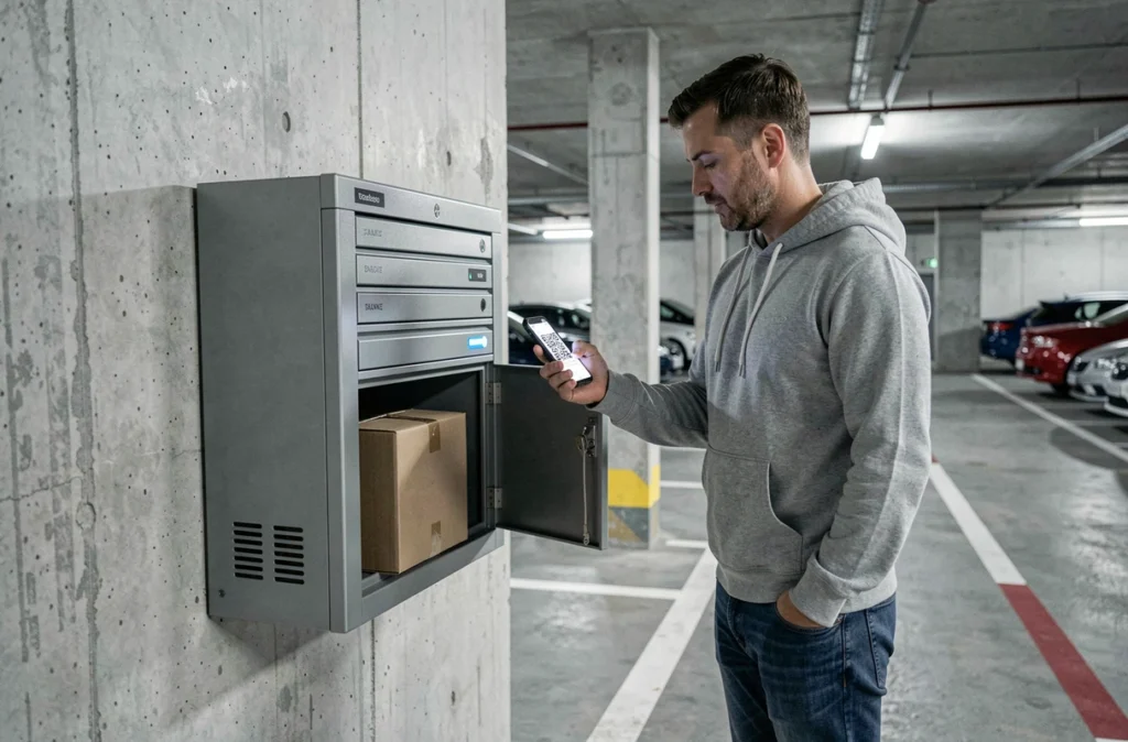 Homme récupérant un colis dans un casier connecté intégré à la boîte aux lettres d'un immeuble moderne