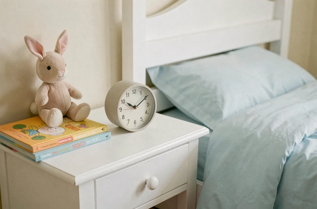 Réveil lumineux pour enfant posé sur une table de chevet en bois blanc à côté d'un lit avec couette bleue pastel