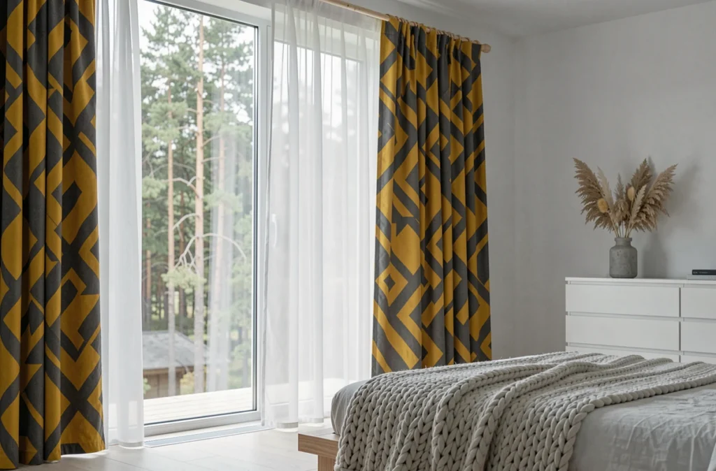 Chambre scandinave avec rideaux superposés en mousseline blanche et panneaux géométriques moutarde et gris charbon