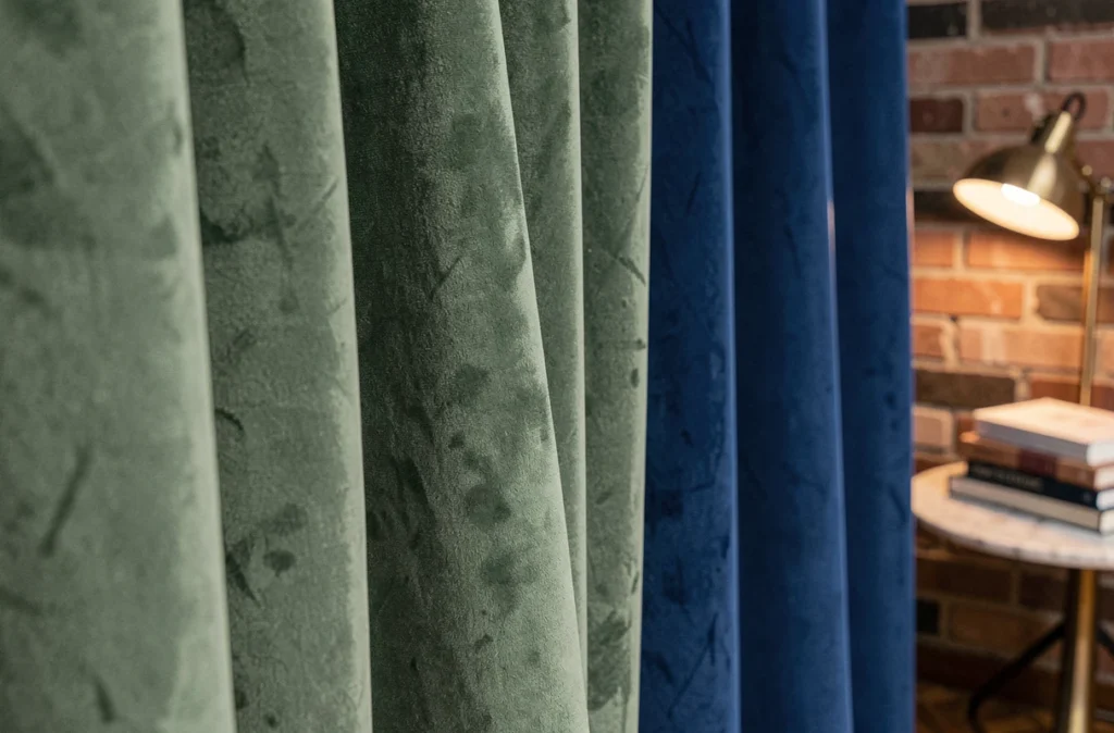 Gros plan sur des rideaux en velours vert sauge et bleu cobalt associés dans une chambre cosy au style vintage