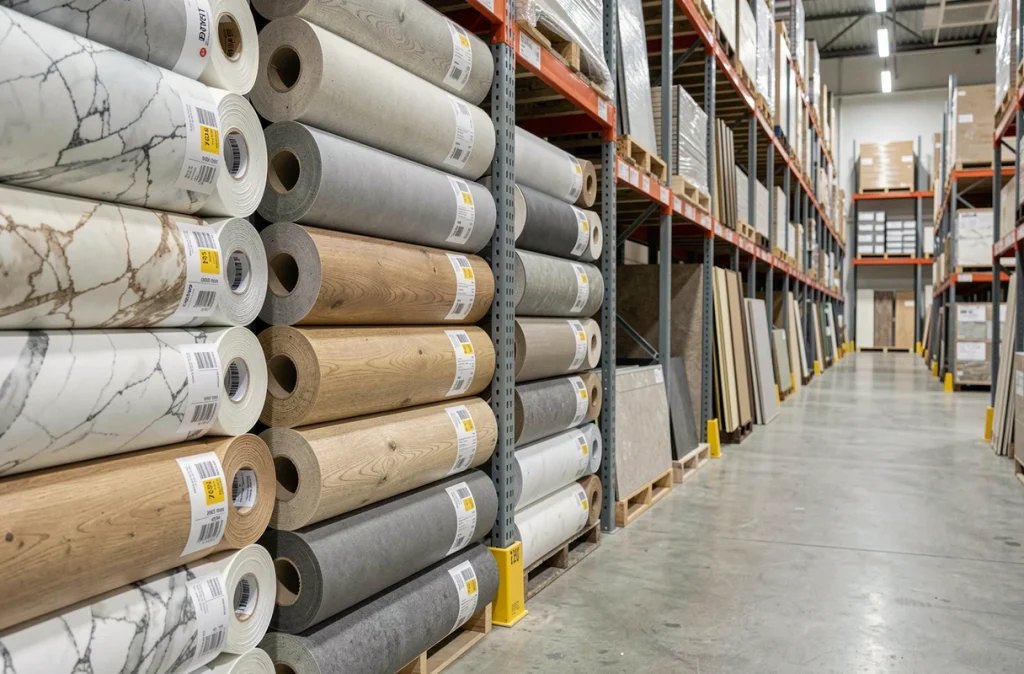 Rouleaux de linoléum variés exposés en magasin de bricolage avec étiquettes de prix
