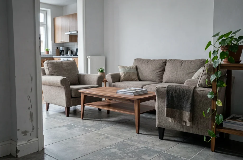 Salon urbain réaménagé avec deux fauteuils face à face autour d'une table basse en noyer