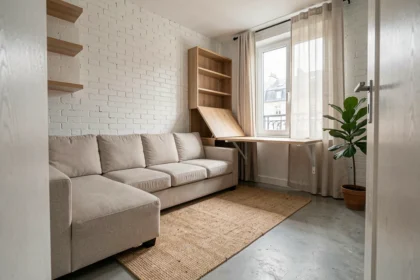 Studio parisien compact aménagé avec un canapé modulable et un bureau mural escamotable en bois de chêne