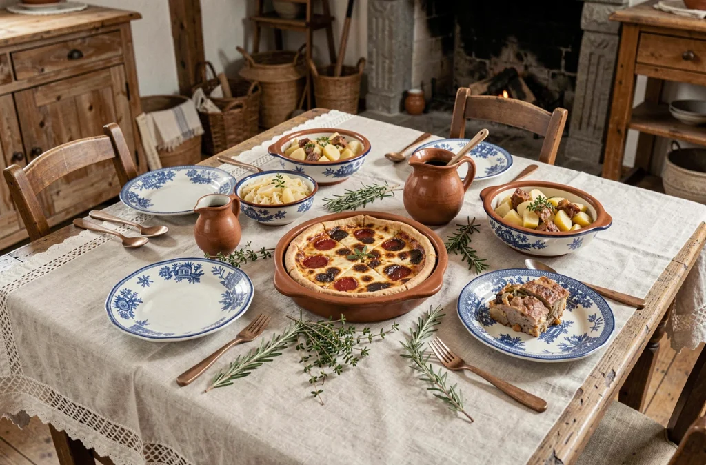 Table alsacienne dressée avec des poteries traditionnelles de Soufflenheim, incluant des plats en terre cuite peints à la main avec des spécialités culinaires alsaciennes