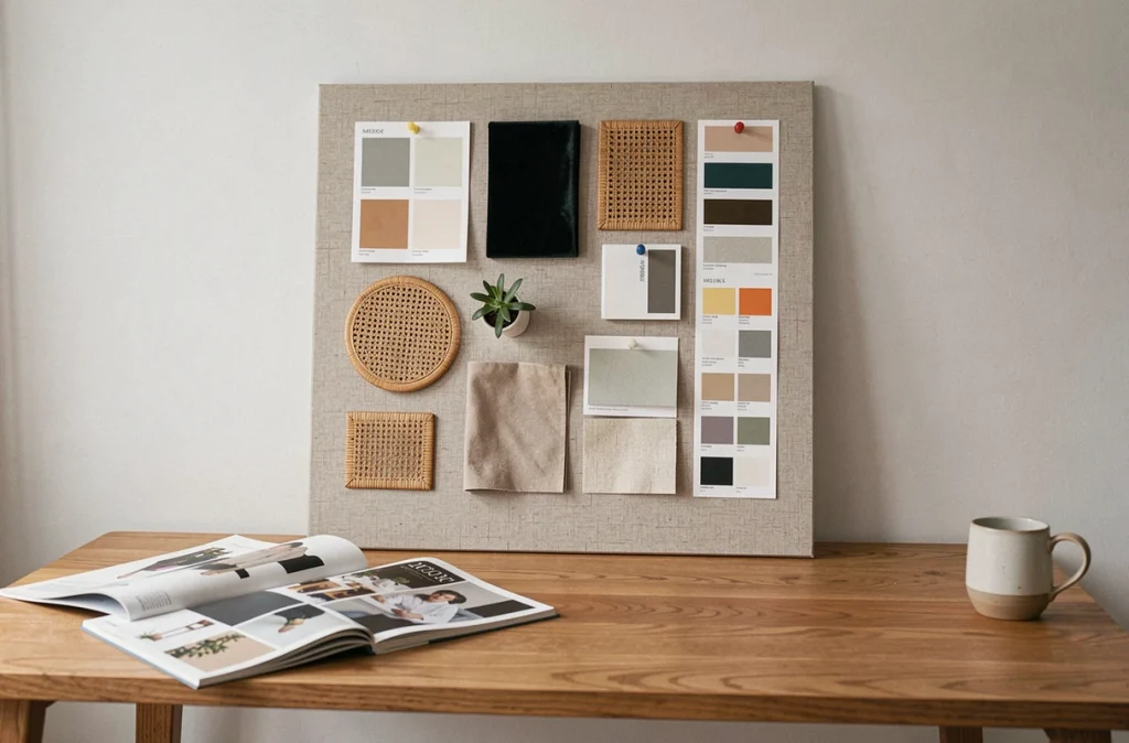 Tableau d'inspiration décoratif avec échantillons de peinture, matières et palette de couleurs posé sur un bureau de studio créatif
