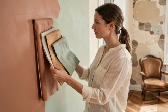 Femme comparant des échantillons de tissu et de peinture dans un salon parisien pour harmoniser couleurs et matières en décoration intérieure