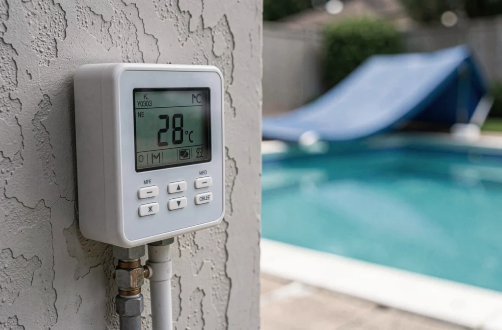 Panneau de contrôle numérique d'un système de chauffage de piscine affichant la température de l'eau