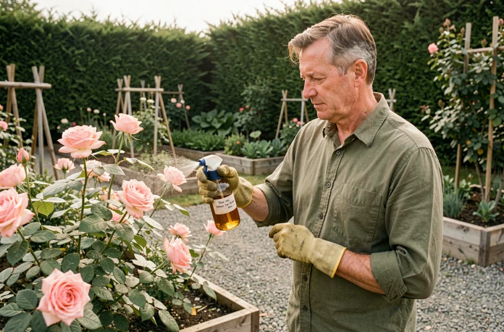 Homme appliquant un traitement naturel contre les pucerons sur des rosiers en fleurs au jardin