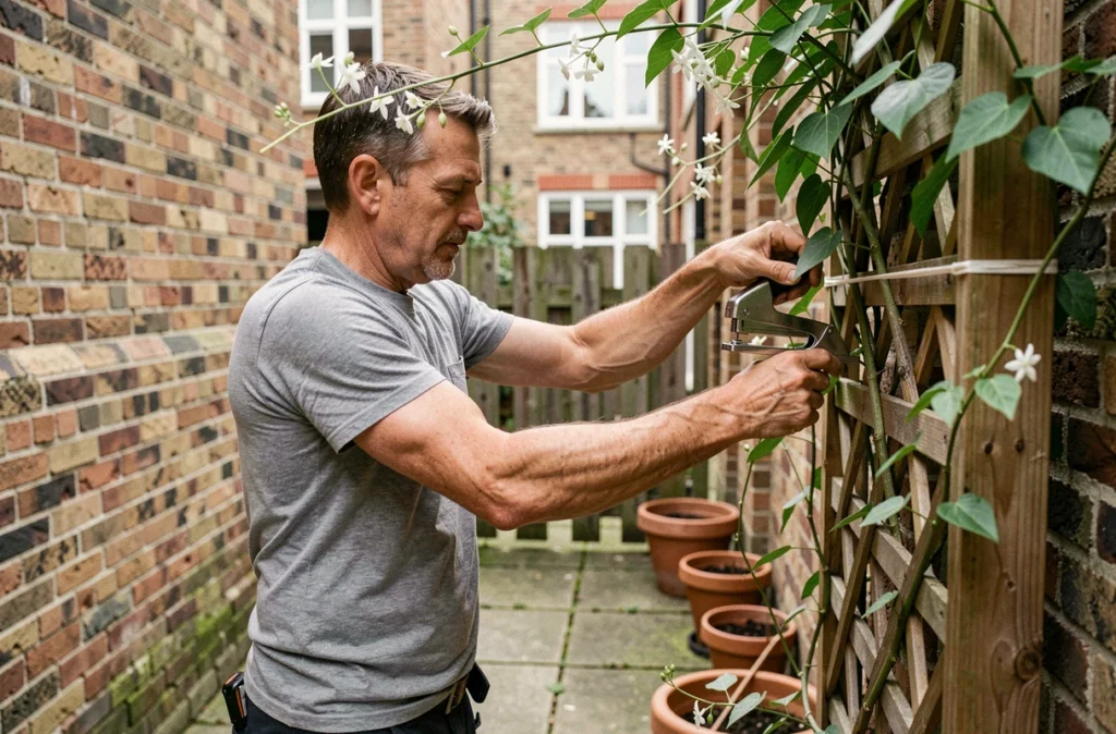 Homme fixant des plantes grimpantes sur un treillis pour créer un écran végétal dans un jardin urbain
