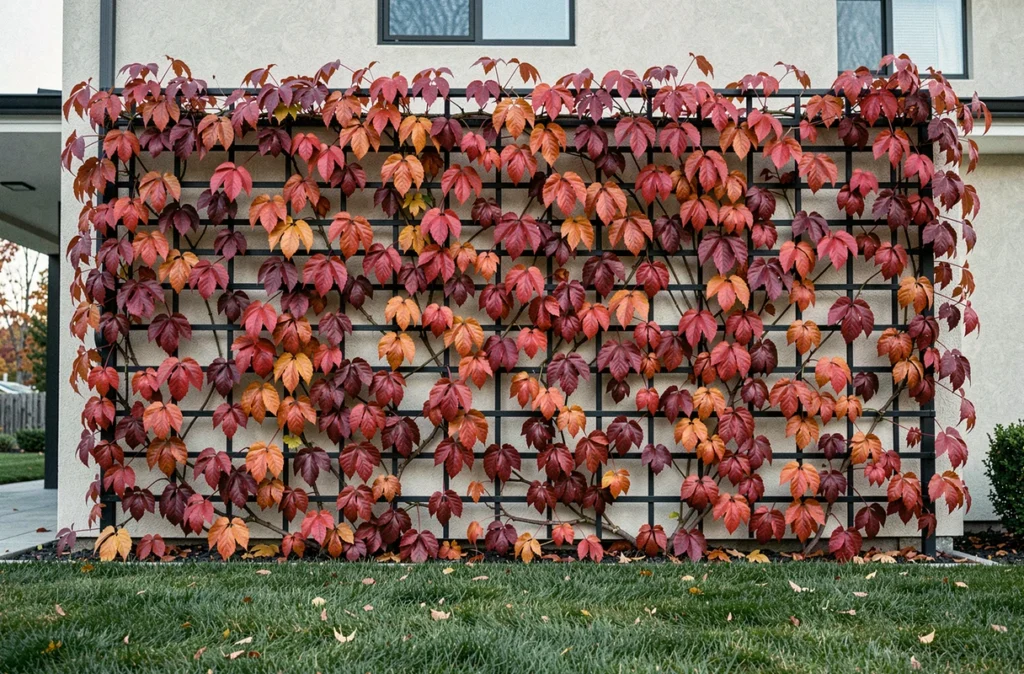Façade de maison contemporaine entièrement couverte de vigne vierge aux couleurs automnales rouge et bordeaux sur un treillis métallique