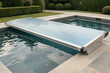 Volet roulant automatique à lames translucides sur une piscine extérieure moderne avec terrasse en pierre