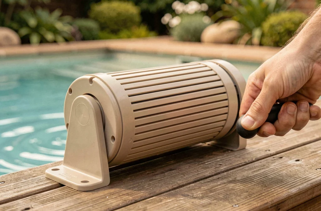 Gros plan sur le boîtier d'un volet roulant manuel à lames PVC beige au bord d'une piscine en bois