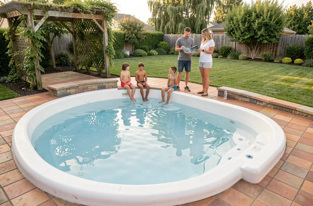 Vue d'ensemble d'une piscine familiale avec revêtement liner blanc dans un jardin résidentiel