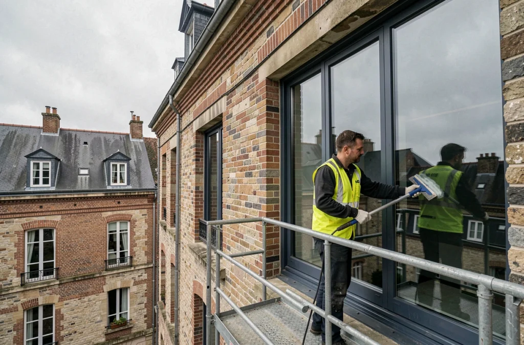 Technicien ADN Propreté nettoyant les vitres d'un immeuble résidentiel à Rouen