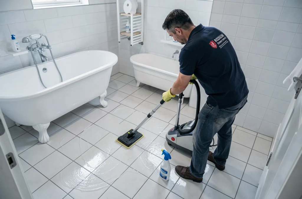 Professionnel AJ Nettoyage nettoyant le sol d'une salle de bain résidentielle à Rouen
