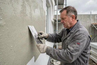Ouvrier appliquant un enduit extérieur sur un panneau de polystyrène en climat humide avec une taloche inox