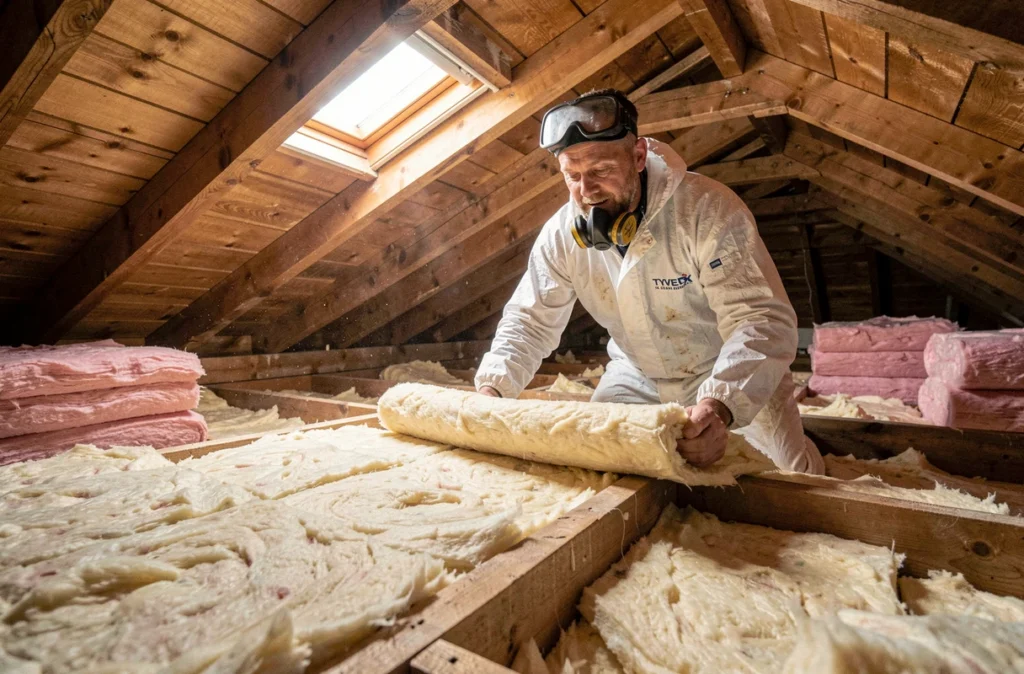 Spécialiste installant de la laine de verre dans les combles d'une maison du 94 pour L'Art De La Couverture