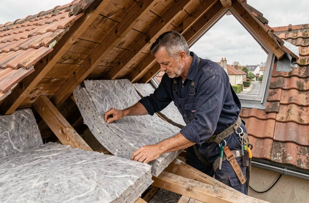 Couvreur installant une isolation sous toiture dans une maison de Villeneuve-le-Roi pour ATD Couverture