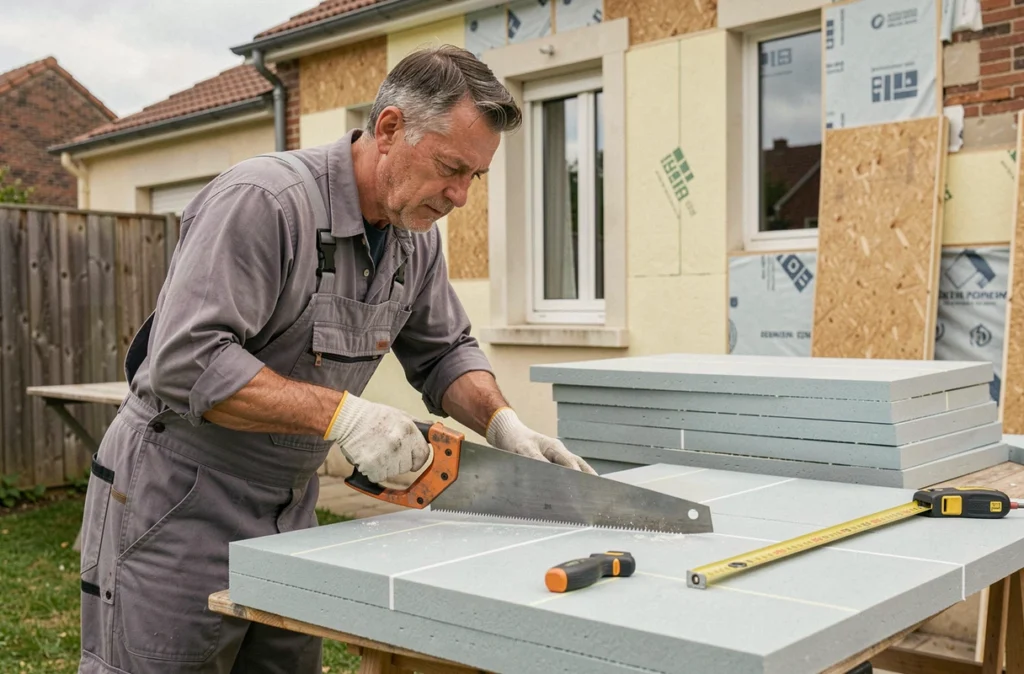 Technicien d'isolation découpant un panneau rigide sur chantier pour Bochard, entreprise d'isolation généraliste