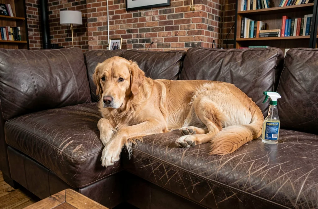 Chien golden retriever couché sur un canapé en cuir avec des poils et griffures visibles et un produit nettoyant à côté