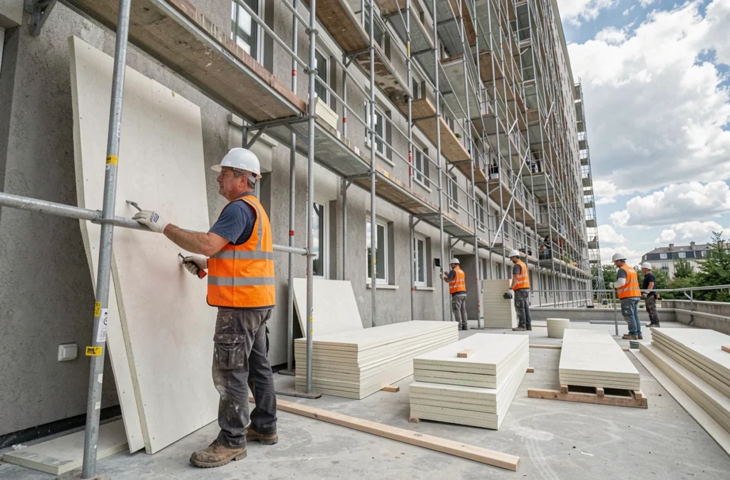 Chef de chantier supervisant l'isolation d'un immeuble en copropriété pour A La Compagnie Des Ouvriers Réunis