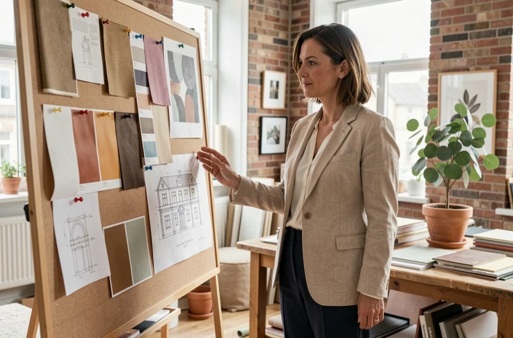 Décoratrice d'intérieur de l'agence LeSavoirFaireDéco à Lille présentant un tableau d'inspiration avec échantillons de tissus et palettes de couleurs terreuses