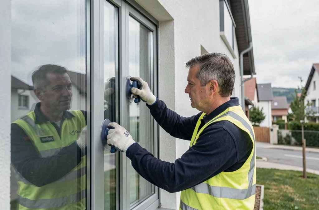 Vitrier de Dijon Vitres Teintées installant un double vitrage isolant sur la façade d'un immeuble à Chenôve