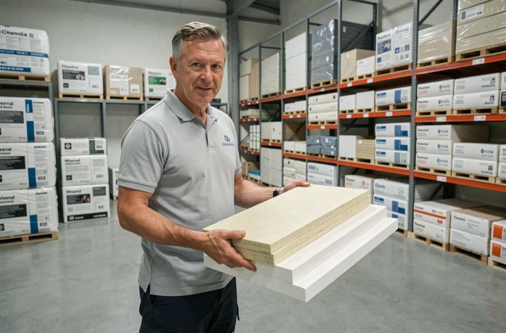 Conseiller de Doras présentant des matériaux d'isolation dans le showroom de Chenôve
