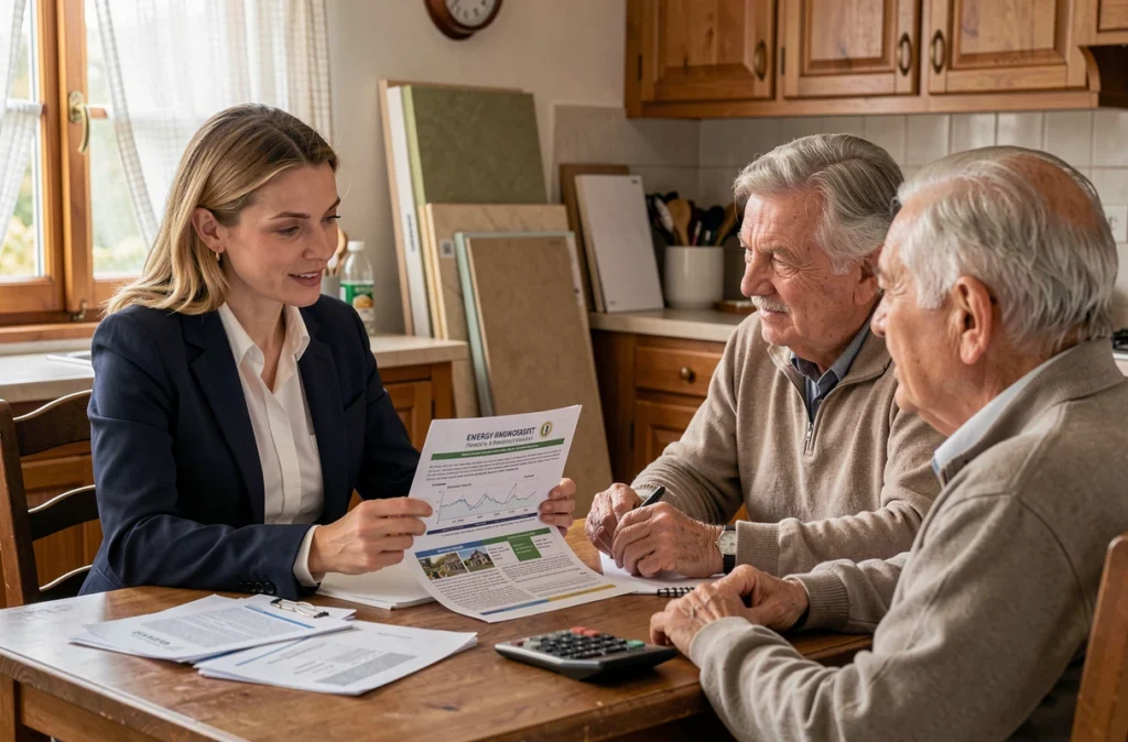 Conseillère en rénovation présentant les aides financières pour l'isolation extérieure à un couple de propriétaires pour Éco France Confort