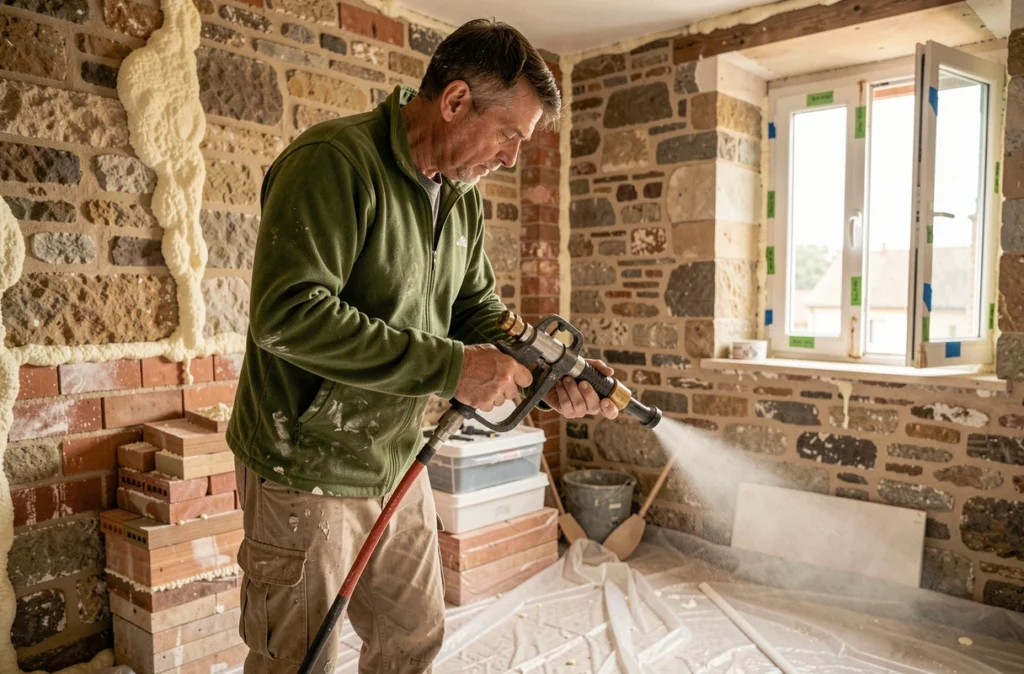 Ouvrier appliquant de la mousse isolante dans une cavité murale lors d'une rénovation pour Entreprise Ducrest