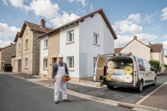 Technicien en isolation devant une maison du Val-de-Marne avec panneaux isolants posés sur la façade