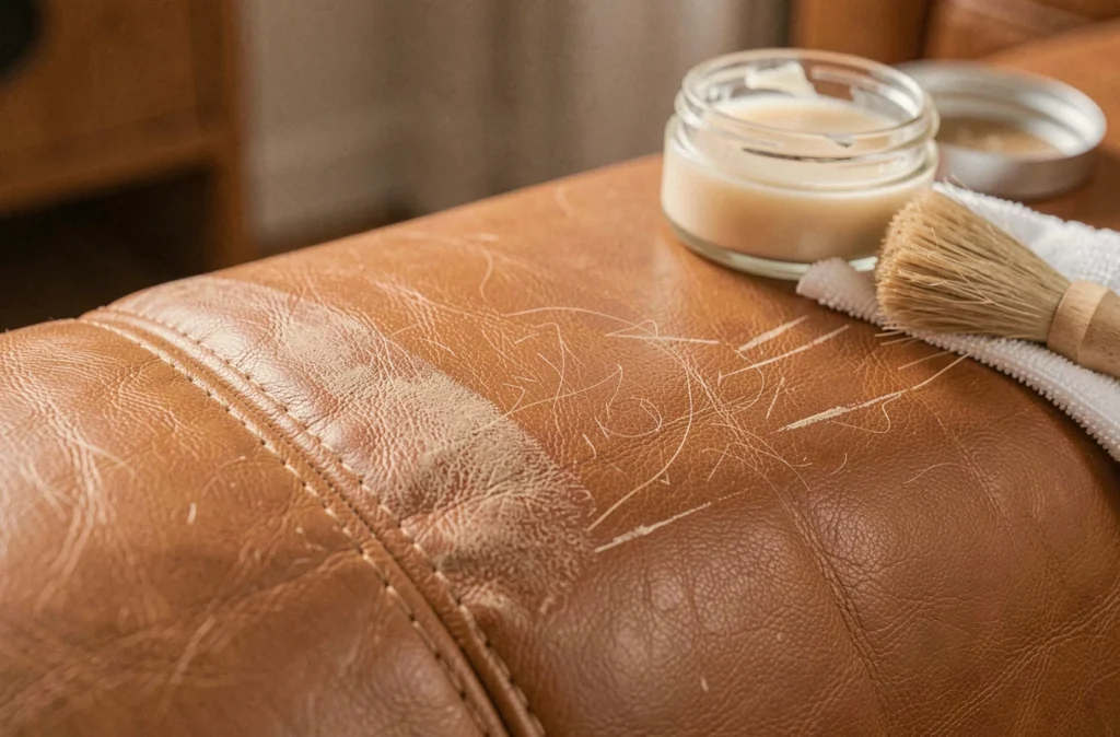 Gros plan sur le nettoyage d'un canapé en cuir caramel avec un chiffon microfibre pour enlever poils et griffures d'animaux