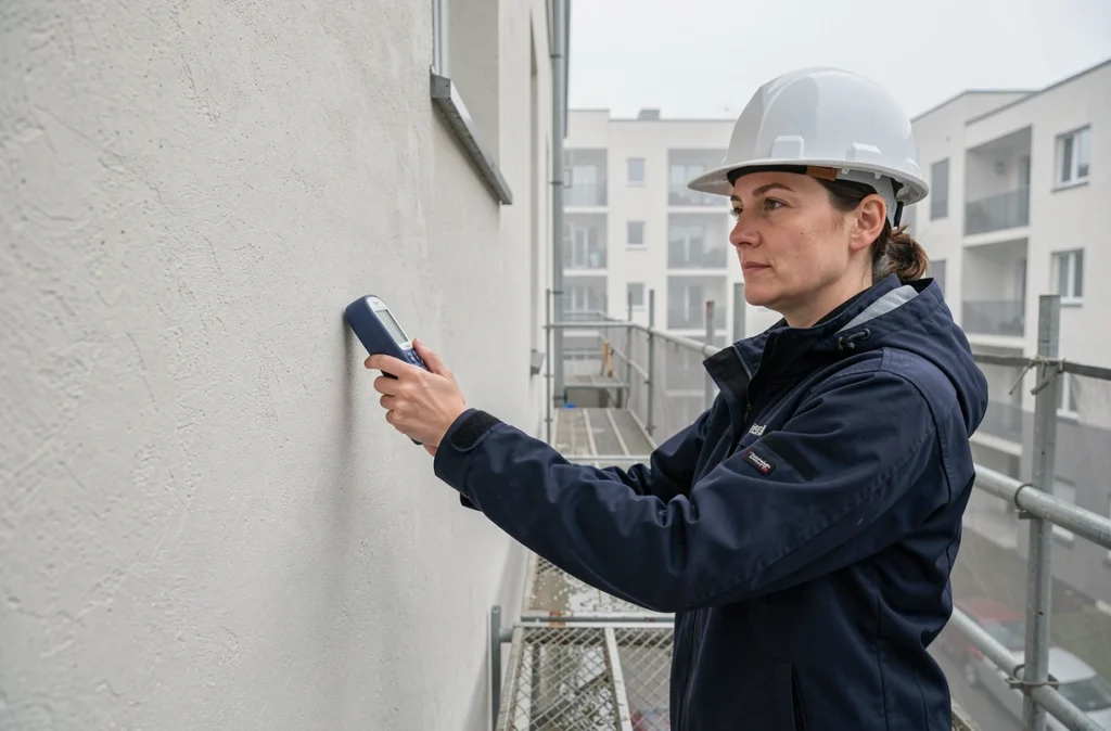 Architecte inspectant un système d'enduit extérieur sur polystyrène avec un hygromètre sur échafaudage