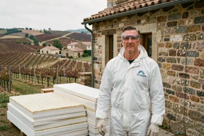 Artisan isolateur professionnel devant une maison traditionnelle en pierre de Bourgogne-Franche-Comté lors de travaux d'isolation