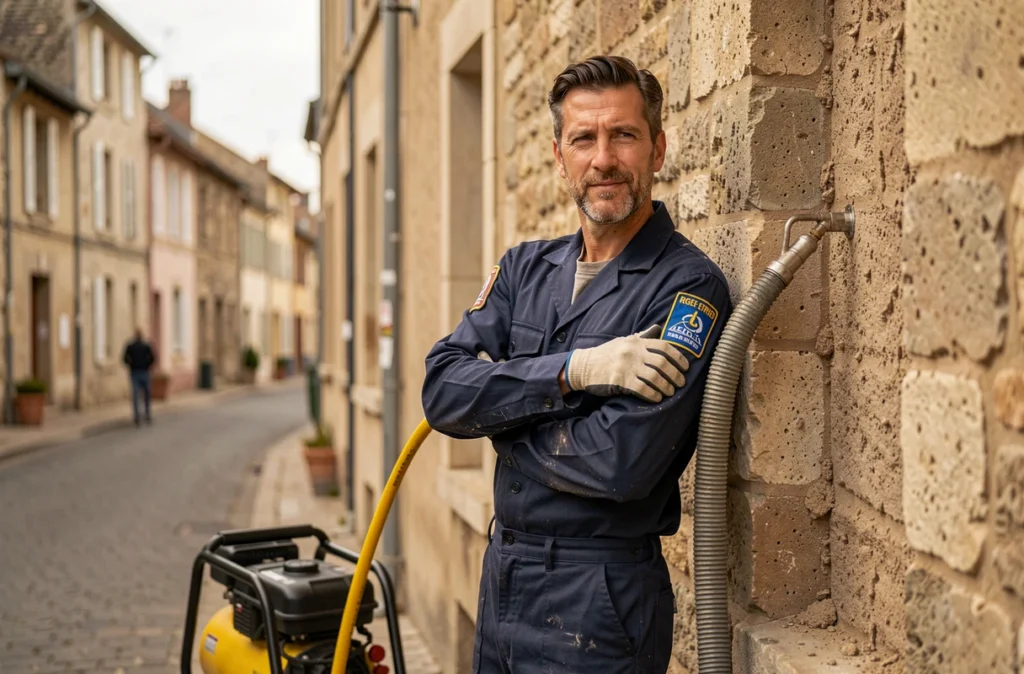 Artisan RGE de Krydor injectant de l'isolant en vrac dans les murs d'une maison en pierre à Chalon-sur-Saône