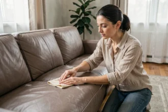 Femme appliquant un nettoyant cuir sur un canapé taupe pour éliminer les poils d'animaux domestiques