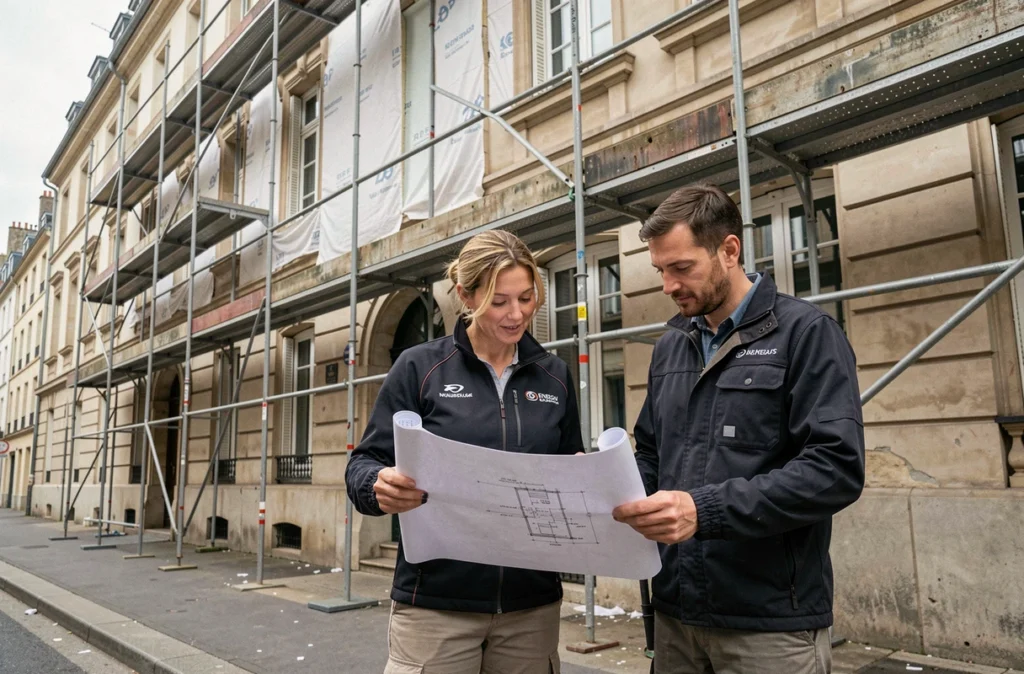Chef de projet d'Oriven supervisant un chantier de rénovation énergétique et d'isolation RGE devant un immeuble à Dijon