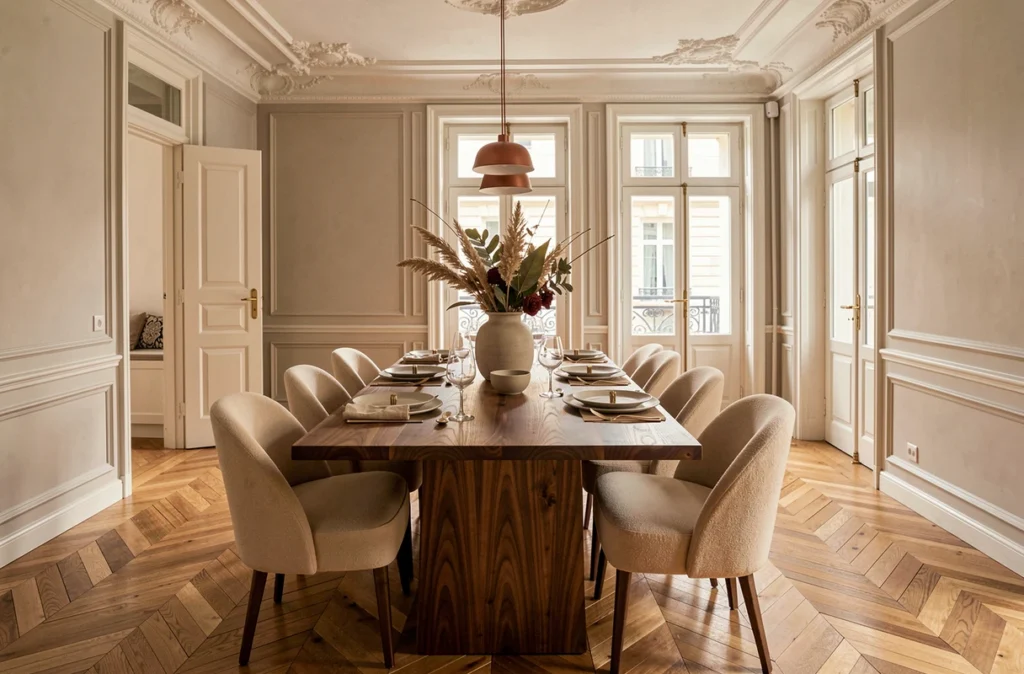 Salle à manger rénovée dans un appartement haussmannien à Lille décorée dans un style contemporain chaleureux avec table en noyer et chaises en bouclé beige