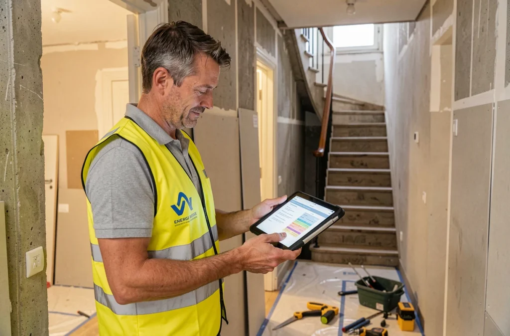 Spécialiste en rénovation énergétique consultant un rapport thermique dans un couloir d'immeuble à Saint-Maur-des-Fossés pour SL Services