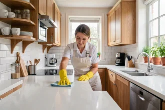 Femme de ménage professionnelle nettoyant une cuisine moderne dans une maison en Seine-Maritime