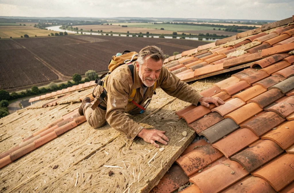 Couvreur de Toit et Bois posant une sous-couche isolante sous les tuiles d'une toiture traditionnelle à Losne