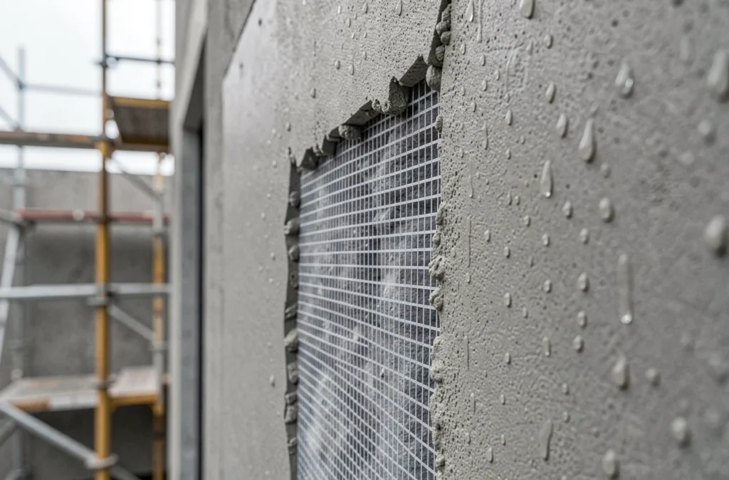 Gros plan sur la toile de verre armée noyée dans l'enduit de base sur polystyrène extérieur humide