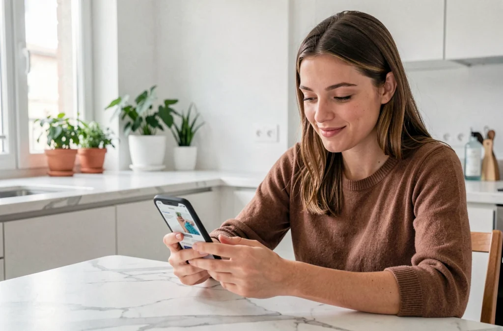 Femme réservant un service de ménage en ligne via une application sur smartphone en Seine-Maritime