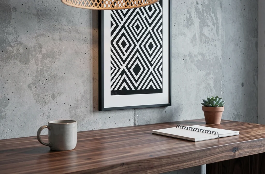 Bureau à domicile moderne avec impression artistique géométrique en noir et blanc sur mur en béton et bureau en noyer