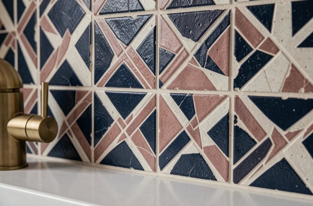 Gros plan sur crédence de cuisine en zellige avec motifs géométriques étoilés bleu marine et rose, robinetterie en laiton brossé