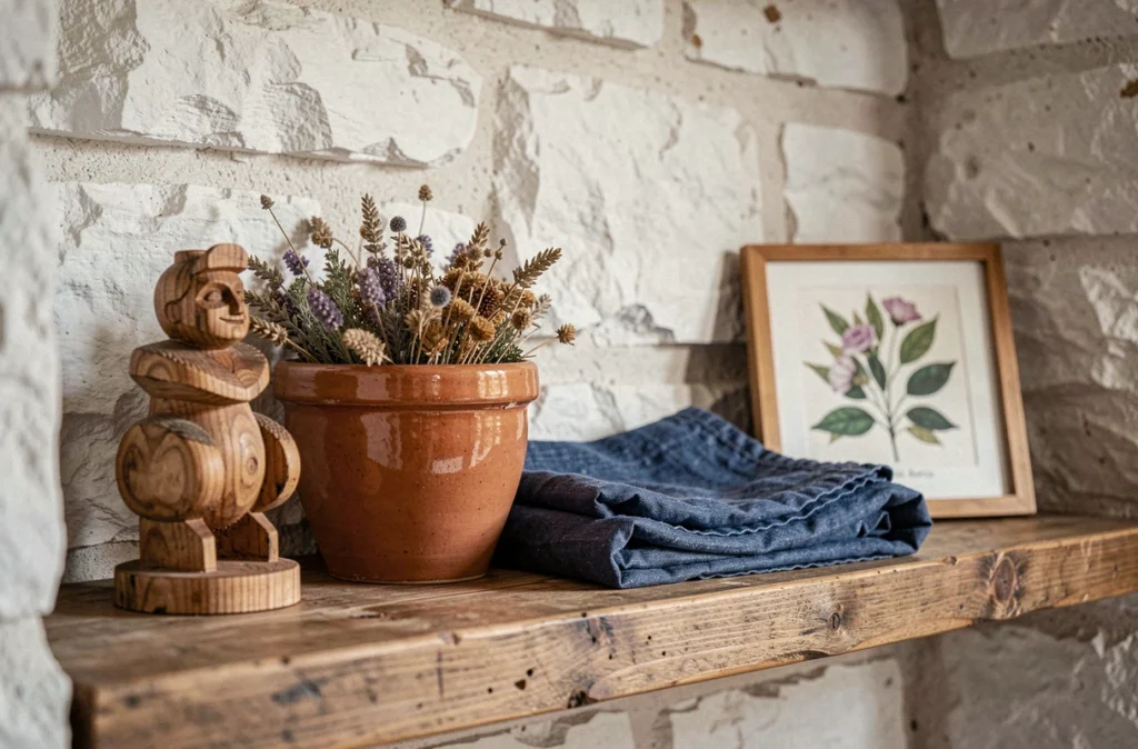 Étagère en bois rustique ornée d'objets artisanaux dont une poterie en terre cuite, un textile teint à l'indigo et une figurine sculptée à la main