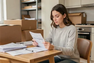 Femme lisant un contrat d'énergie avant un déménagement, entourée de cartons dans un appartement en cours de vidage