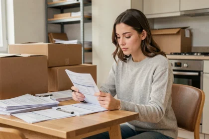 Femme lisant un contrat d'énergie avant un déménagement, entourée de cartons dans un appartement en cours de vidage